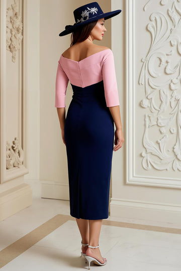 Bleu marine à épaules dénudées à manches 3/4 Robe de mère de la mariée avec appliques de dentelle